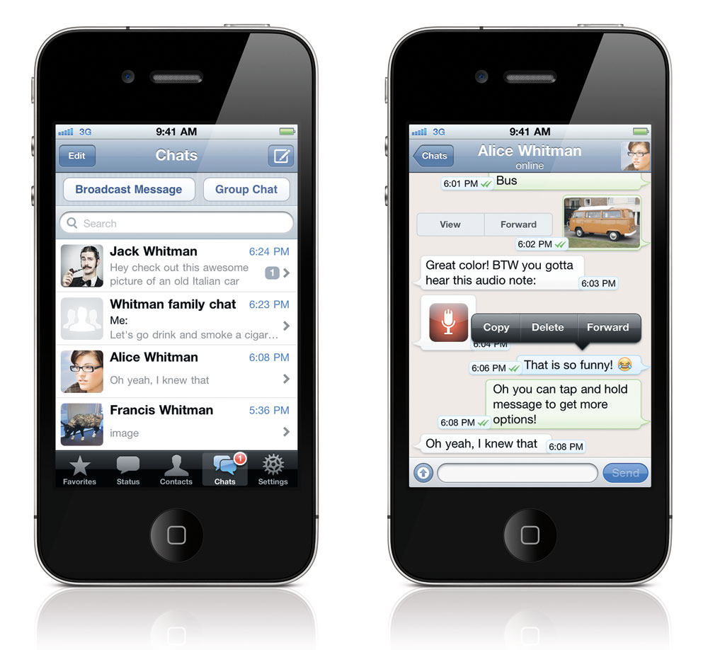 WhatsApp Messenger is a cross-platform mobile messaging app available for iPhone, BlackBerry, Android, Windows Phone and Nokia. (Photo taken from the WhatsApp website)