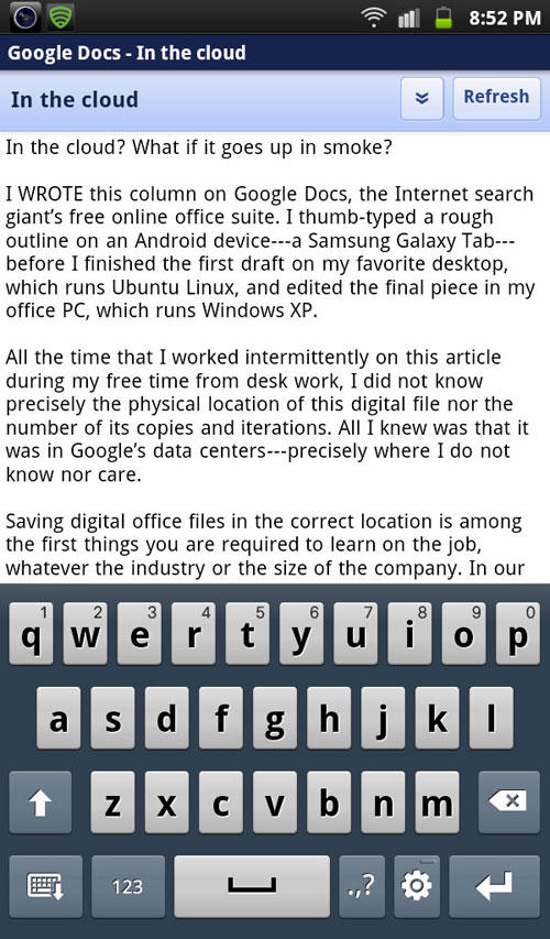 Google Docs on Android in Samsung Galaxy Tab