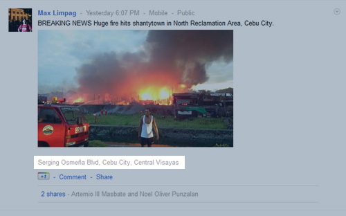 My Google+ update on last Saturday's fire. The location data is wrong because I chose the wrong map point. Today's gadgets like smartphones come with GPS capability that provides users accurate location data.