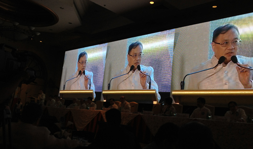 NOT JUST DATA PIPE. PLDT chairman Manuel V. Pangilinan speaks to shareholders during the company's annual stockholders' meeting. Pangilinan said PLDT must "move firmly into social media, social networking and Internet spaces before they move into ours and eat our lunch." (PHOTO BY MAX LIMPAG)