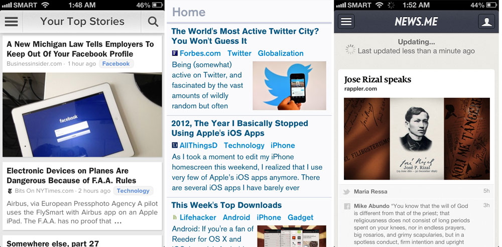 News apps Zite, Prismatic and News.me