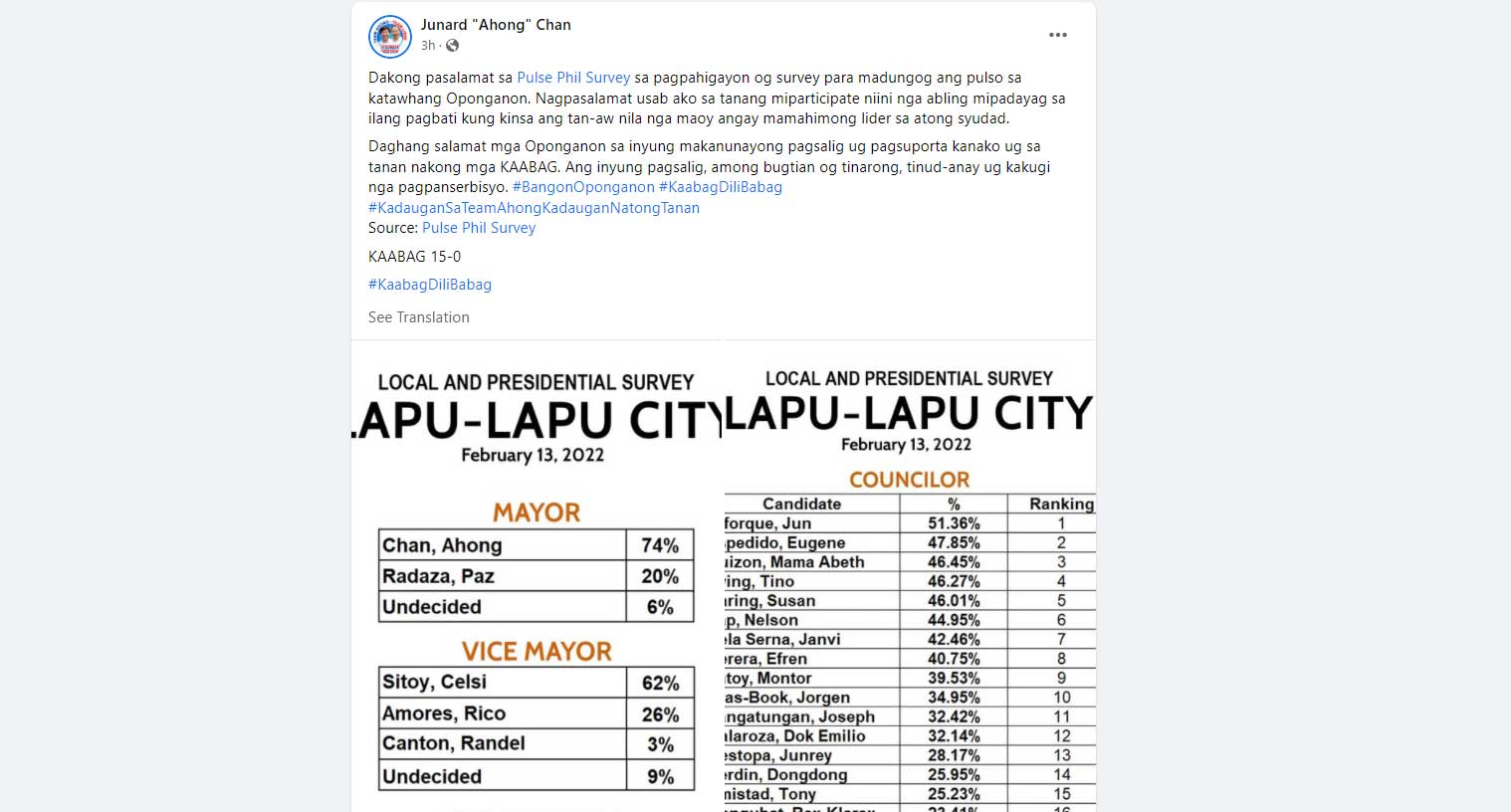 “SURVEY RESULT.” Lapu-Lapu City Mayor Ahong Chan shares results of a survey that purportedly shows his group leading those allied with his bitter rival Rep. Paz Radaza.