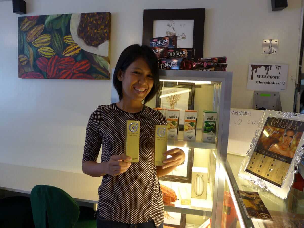 Dalareich Polot with her luxury chocolates. The entrepreneur from Bohol recently started her own line of chocolates made from native cacao.
