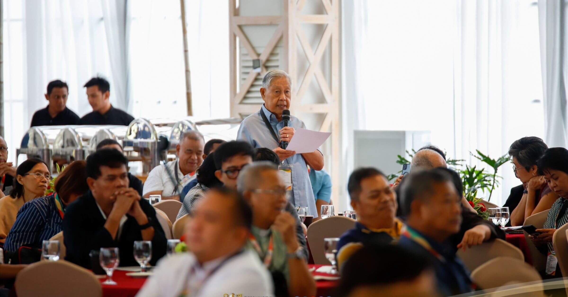 Retired Supreme Court Chief Justice Hilario Davide Jr. speaks out during the General Pastoral Assembly held last week to discuss the move to break up the Archdiocese of Cebu. (Photo from the official Archdiocese of Cebu Facebook page.)