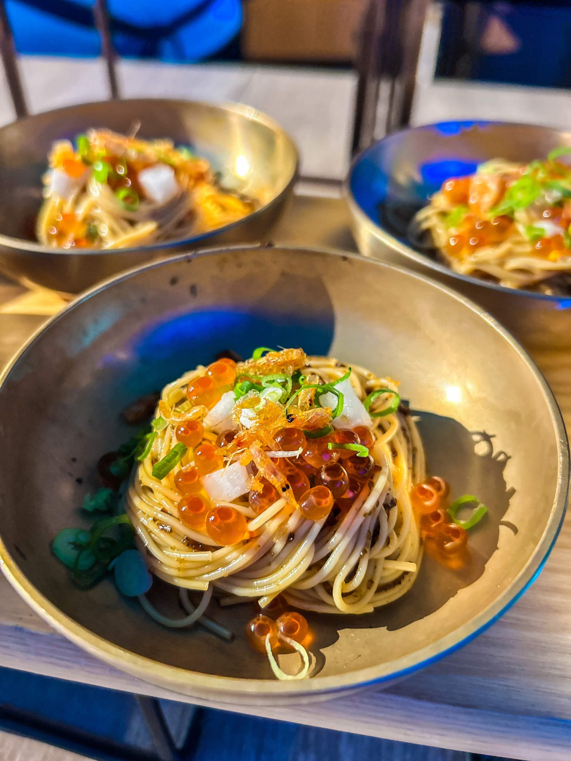 COLD ANGEL HAIR PASTA  with ikura, lato, pickled radish in coconut vinegar by Chef David Thien,